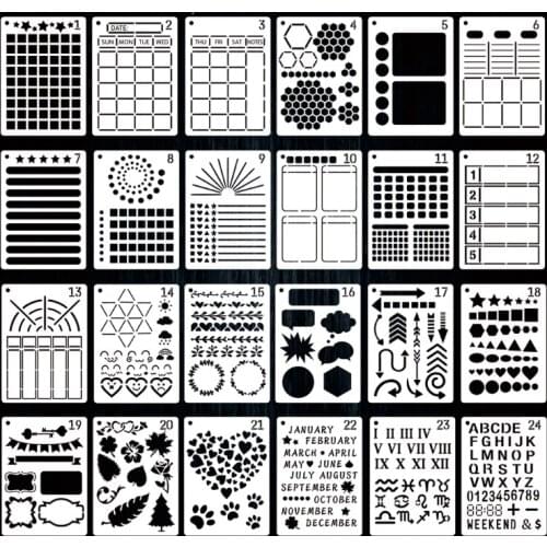 24 Pack Journal Planner Stencils, Reusable Bullet Stencils Set for A5 Notebook & Most Journals, Includes Letter Stencil, & P9JD