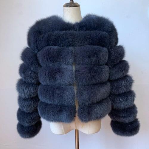 NEW womens natural real blue fox fur coat jacket short thick warm genuine winter luxury for grils outerwear with Long sleeves