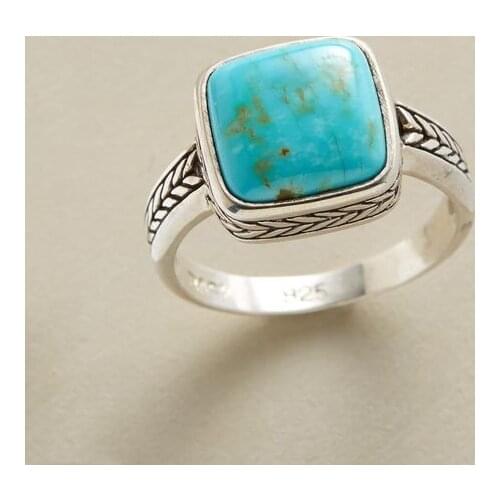 Womens Fashion 925 Silver Color Ring Vintage Blue Turquoise Jewelry Wedding Engagement Party Ring Anniversary Gift Size 5-11