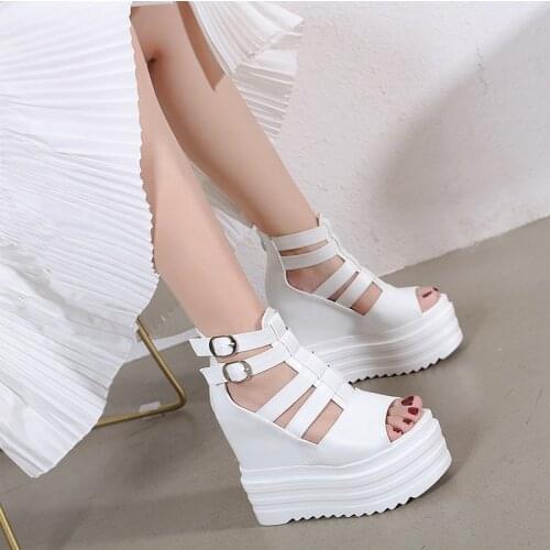 2020 new Korean within increase wedges thick-soled platform muffin womens shoes 13 cm super high heel hollow fish mouth sandals