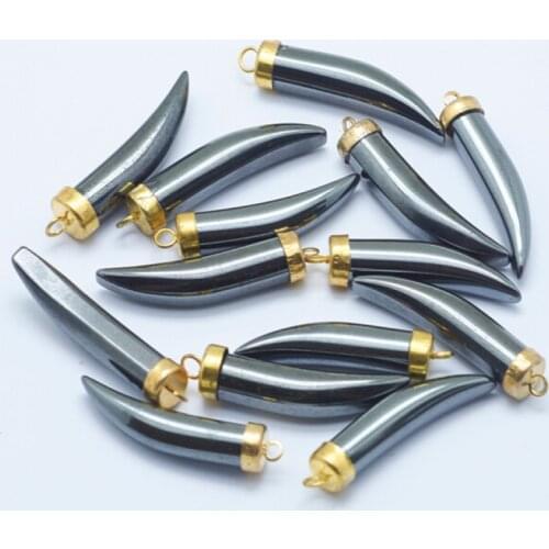 30pcs 37x8x8mm Golden Ivory Tusk Shape Grade AA Non-magnetic Synthetic Hematite Pendants Charms with Brass Findings Hole: 2.5mm