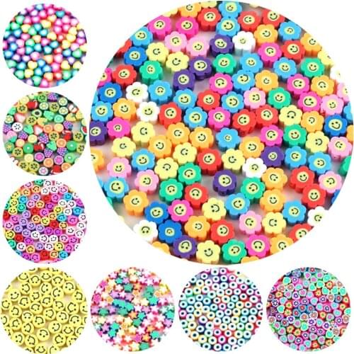 30pcs 10mm Flower Smile Printing Beads Polymer Clay Beads Mixed Heart Spacer Beads For Jewelry Making DIY Bracelet