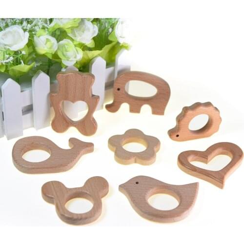 Mabochewing 5pcs Cute Cartoon Animal Flower Beech Wooden Chewing Teething Pendant Baby Teether Toys