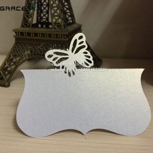 50Pcs free shipping laser cut Pearlescent mini butterfly design Wedding Invitation Seat Name table holder Cards party supplies