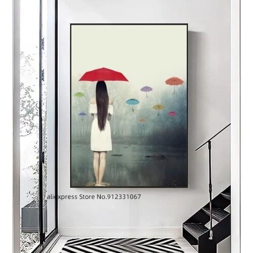 Abstract Girl with Umbrella In The Rain Canvas Painting Poster Cuadros Wall Art for Living Room Home Decor