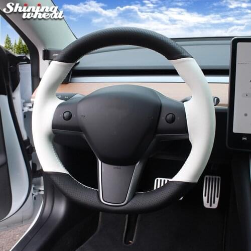 Shining wheat Black White Genuine Leather Hand-Stitched Car Steering Wheel Cover for Tesla model 3