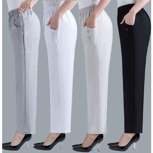 Plus Size 5XL Womens Trousers New Summer Elastic High Waist Middle-aged Elderly Casual Pants Cotton Linen Straight Pants Female