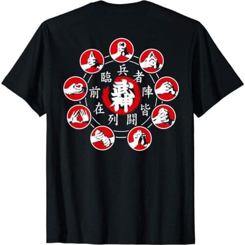 Bujinkan Ninjutsu Ninja Nine Hand Seals Kuji In T-Shirt Double Side Brand Design Summer New Print Man Cotton Fashion Tees