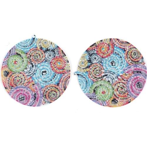 DoreenBeads Iron Alloy Enamel Painting Pendant Charms Round Green Pink Flower Pattern Filigree 45mm(1 6/8") x 43mm(1 6/8") 5 PCs