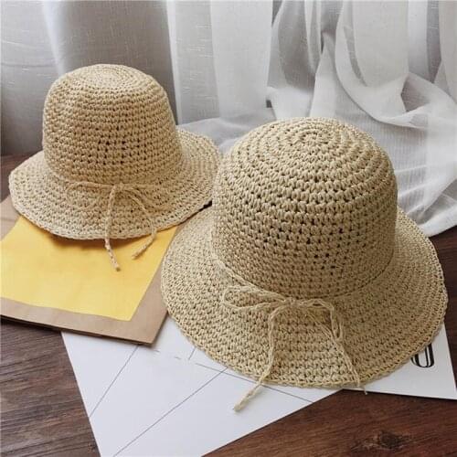 Floppy Straw Hat Women Kids Wide Brim Beach Sun Hat Foldable Handmade Straw Shade Anti UV Cap Parent-child Cap
