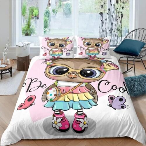 Beautiful Lovely Owl Luxury Style Bedding Set Queen Size Pink Duvet Cover Set 2/3pcs 3D Cartoon Printed Quilt Covers Pillowcases