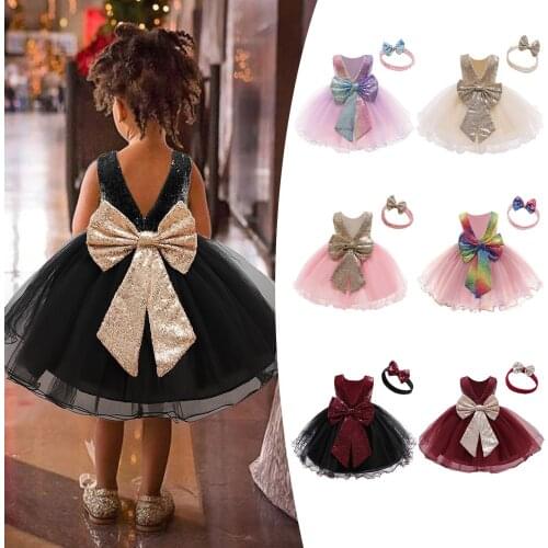 1-6Years blingbling dress Baby Girls Sequins Bowknot Dresses Lace Pageant Party Wedding Tutu Gown Hairband baby girl stuff M5