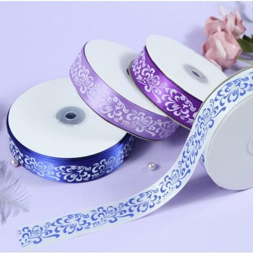 2meters/lot 1''25mm Fashion Chinese Style Blue and White Porcelain Single-sided Polyester Ribbon Handmade DIY Bow Hair Access