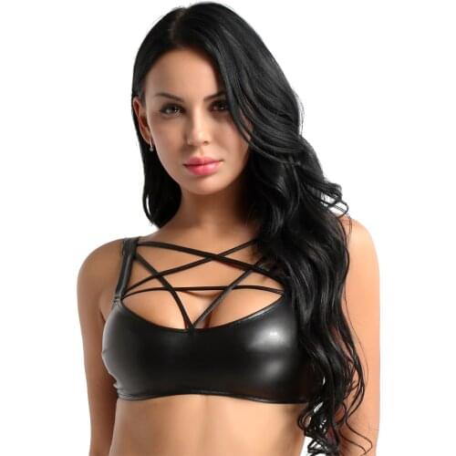 Hot Women Lingerie Fashion Spaghetti Strap Push Up Bustier Top Sexy Shiny Wetlook Faux Leather Bra Club Pole Dance Rave Bralette