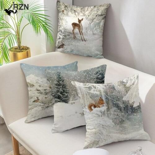 Nanacoba Merry Christmas Pillow Case Xmas Deer In Snow Forest Picture Cushion Cover For Home Sofa Decor Short Plush Pillowcases