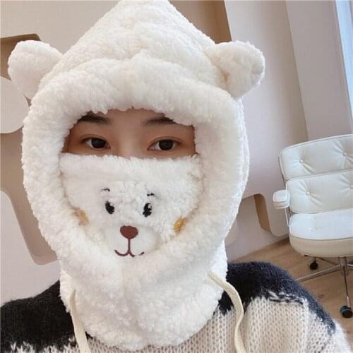 New Cute Cartoon Bear Ear Cap Lamb Plush Hat Warm Thickened Ear Protection with Warm Mask for Women Girl Cap