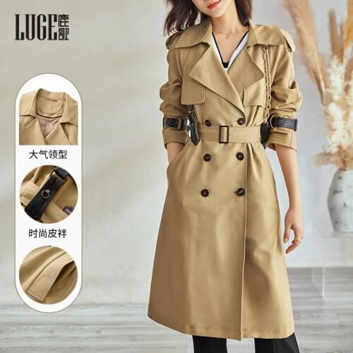 2021 autumn new fashion temperament British coat popular knee Khaki windbreaker womens middle and long style