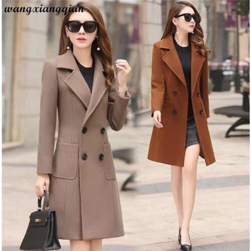 Hot Autumn Winter Leisure Woolen Coat Womens Temperament Double-breasted Coat Mid-length Solid Color Woolen Coat Female A636