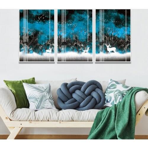 Nordic Blue Dream Forest Deer Tree Landscape Canvas Paintings Wall Art Poster Print Pictures For Living Room Home Wall Decor