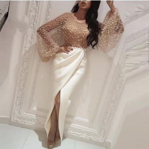 Flare Sleeves Evening Gowns Pearls Ivory Mermaid Arabian Evening Gown Vestidos Custom Made Pleats Elegant Evening Dresses