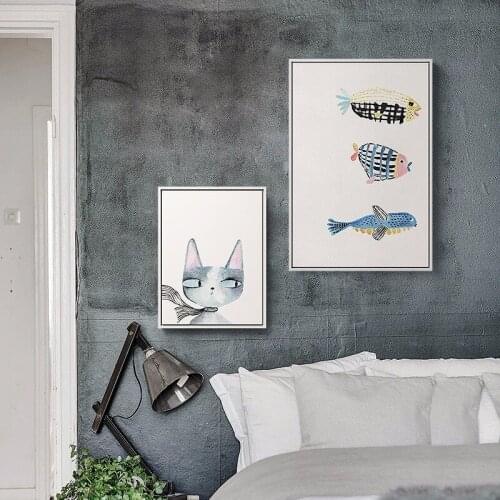 Modern Minimalist Animal Print Canvas Painting Small Fresh Cartoon Cat and Fish Poster Living Room Wall Art Decoration Pictures