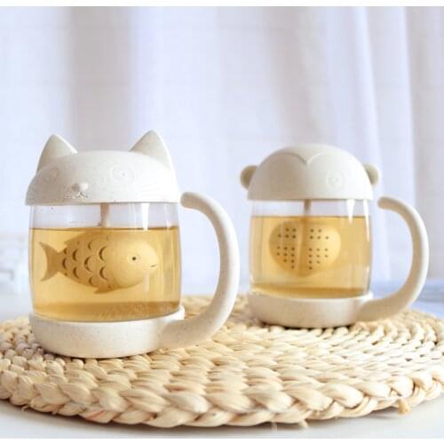 Cat/Monkey Glass Tea Mug Cup with Fish Tea Infuser Strainer Filter 250ML (White)