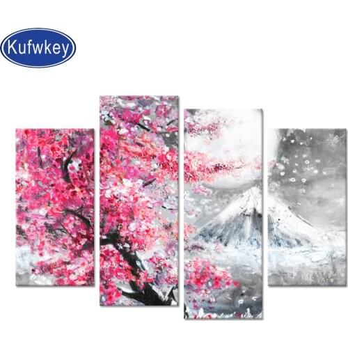Home Decoration full square round Diamond mosaic Mount Fuji With Sakura 5D DIY Diamond Painting Rhinestone embroidery 4 pcs