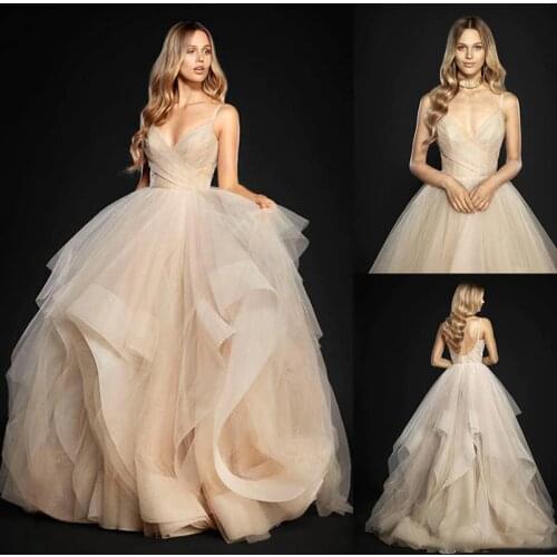 Spring Collection flutters of sheer fabric ruffled Tulle Spaghetti Straps Ball Gowns Wedding Dress crisscross draped sweetheart