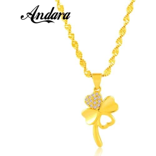 24K Gold Water Wave Chain Necklaces For Women Gold Color Four-Leaf Clover Pendant Necklaces Fashion Jewelry