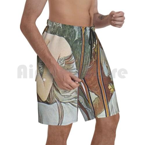 Alphonse Mucha-Nocturnal Slumber Beach Shorts Men Beach Pants Swim Trunks Makeup Girls Spring Health Summer Face Eyes