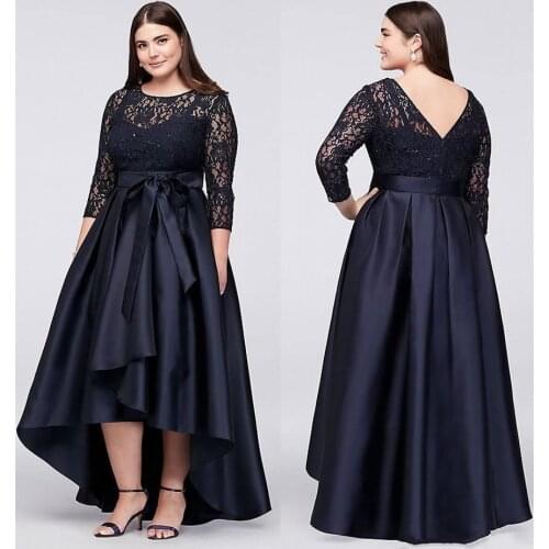 Plus Size Evening Formal Dresses High Low With Half Sleeves Sheer Jewel Neck Lace Prom Gown A-Line Cheap Simple Short Prom Dress