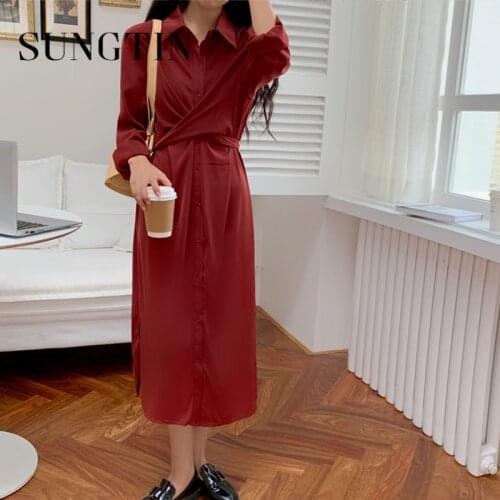 Sungtin Vintage Office Lady Cross Lace Long Shirt Dress Elegant A Line Long Sleeve Sashes Dress Korean Chic Cozy Empire Vestidos