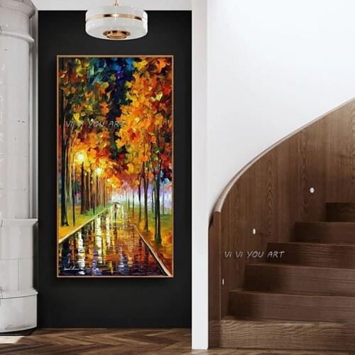 100% Handmade Beautiful Scenery Abstract Oil Painting Autumn Street Landscape Wall Art Decorative For Living Room