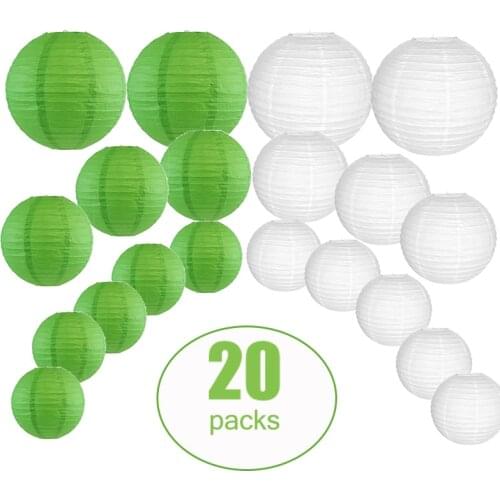 20 Pcs/set 8"-12" White and Green Chinese Japanese Paper lantern Round Lanterns Assorted Size lampionnen Wedding Hanging Decor