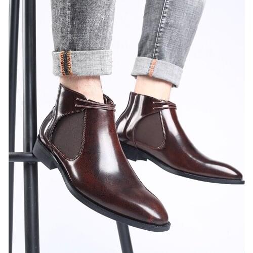British Pointed Boots for Men Spring Business Formal Ankle Boots Oxford Patent Leather PU Chelsea Boots Men F54