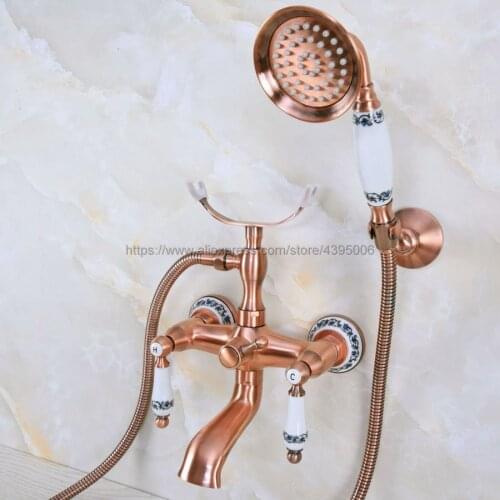 Antique Red Copper Wall Mounted Bathtub Faucet Hot and Cold Water Bath Tub Crane Bathtub Mixers With Handshower Bna379