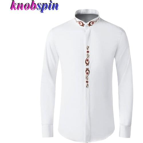 Elegent Embroidery Long sleeve Slim Shirt men Stand collar Camisas masculina Brand quality Business male dress Shirts M-4XL
