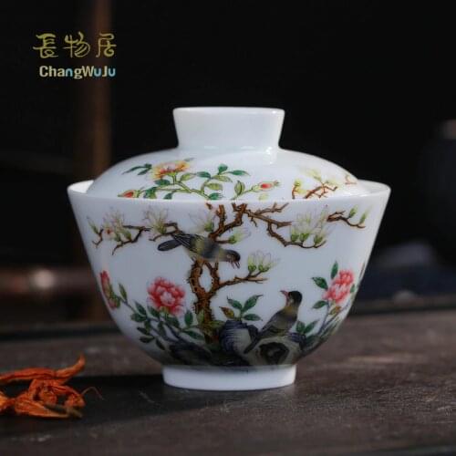 Changwuju in Jingdezhen Cups &Saucers the colour enamels Kung-Fu tea cup bowl with cover painted by Jinghongxia longquan celadon