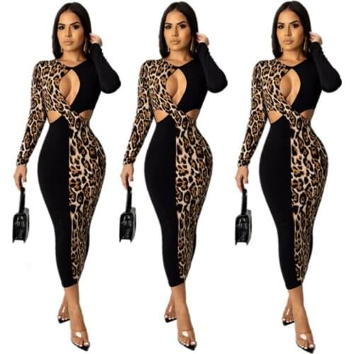 Women Crew Neck Long Sleeves Hollow Out Leopard Printed Patchwork Bodycon Dress