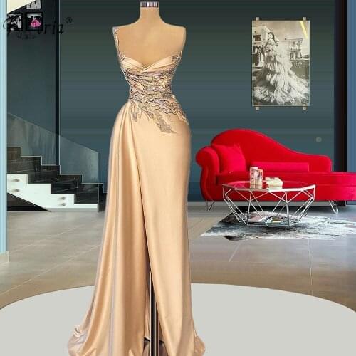 Elegant Arabic Champagne Mermaid Evening Dresses Luxury Ruched Beads Longue Robes Formal Party Dress 2021 NEW vestiti da sera