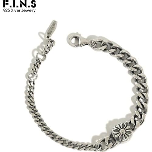 F.I.N.S Korean Genuine 925 Silver Bracelet Ancient Retro Cross Flower Asymmetric Chain Charm Sterling Silver Bracelet Women