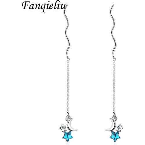 Fanqieliu Long Tassel 925 Sterling Silver Crystal Moon & Star Drop Earrings For Woman FQL21051