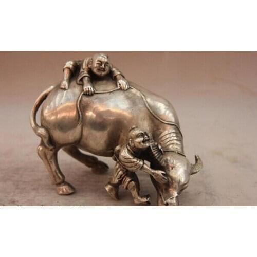 Song voge gem S0715 China White Copper Silver Vaquero shepherd boy Buffalo Cow bull Cattle OX Statue