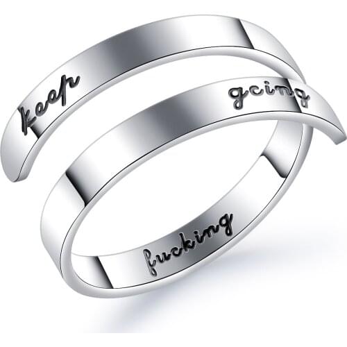 KKCHIC Fashion Jewelry Personalized Motivational Keep Going Letters Mens Matte Titanium Steel Ring Simple Open Ring Adjustable