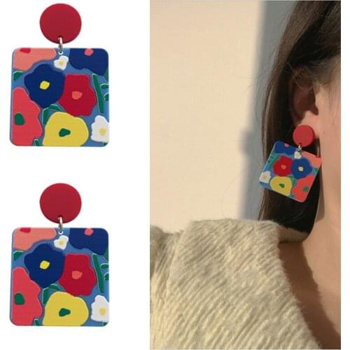 Korean Oil Painting Colorful Sweet Square Geometric Big Drop Earrings for Women Resin Trend Daily Life Accessories Girls