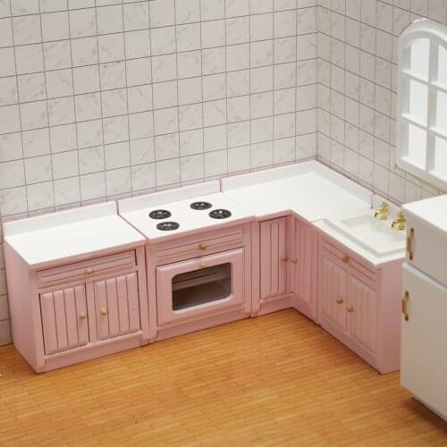 Mini Doll House Kitchen Play House Cupboard Miniature Food Play Model Cooking Table Sink Counter