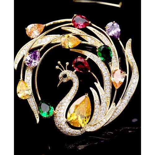 Trendy Colorful Crystal Brooches for Women Luxury Peacock Copper Cubic Zircon Large Brooch Pins Animal Jewelry Accessories Gift