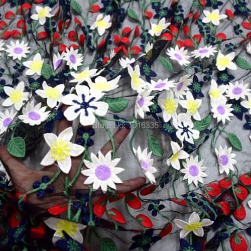 Newest Colorful 3d flower French tulle lace black mesh lace with Embroidered florals for Evening dress