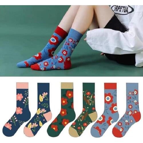 Spring and autumn new ladies AB version pure cotton ladies stockings cartoon trend asymmetric flowers rabbit bear personality