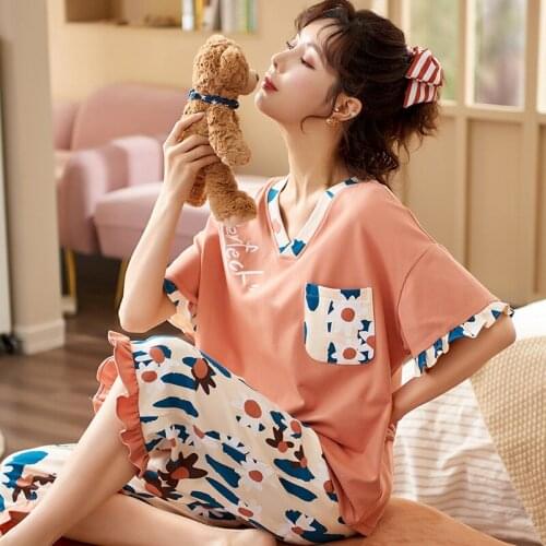 New Women Nightwear Pajama Set Summer Cotton Short Sleeve Shorts Suits Printed Two Picecs Causl Home Clothes Lounge Sleepwear